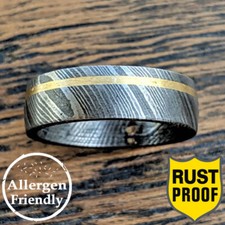 Customized Brass Inlayed Stainless Damascus Steel Ring Men Wedding Band For Mens