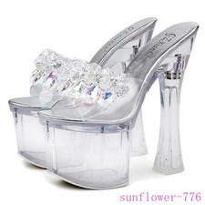 Women's Rhinestones Clear Transparent Sandals Crystal Slippers High Heels Mules