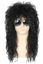 Mens 80s Black Mullet Wig Punk Heavy Metal Rocker Cosplay Costume Curly Hair