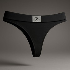 Victoria's Secret Shine Patch Thong Panty Womens Medium Black Rhinestone VS Logo