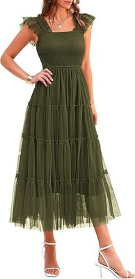 PRETTYGARDEN FAB! Tulle Midi Dress Green Sleeveless Smocked Ruffle Flowy Mesh L