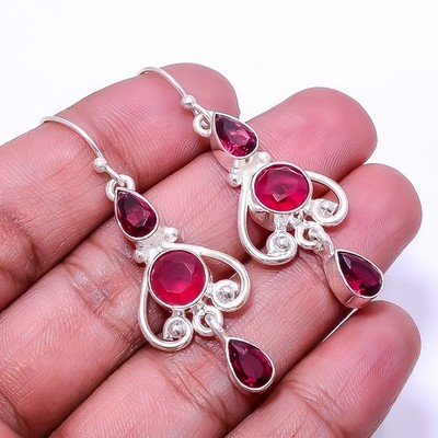 Ruby -Simulated -Simulated 925 Sterling Silver Earring 1.95'', Christmas Gift