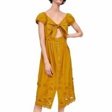 ZARA Mustard Yellow Embroidered Cutout Tie Front Midi Dress - Medium