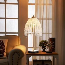 19'' Gold Table Desk Lamp Crystal Bead String Shade Bedside Desk Light Vintage