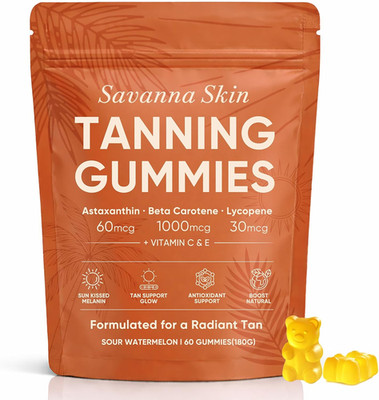 Savanna Skin Tanning Gummies, Astaxanthin, Beta Carotene & Lycopene Blend with V