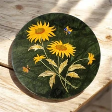 Round Green Marble Inlay Flowers Design Coffee Table Top Handmade Home Interior