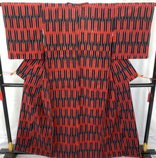 Japanese Vintage Kimono Silk Red Tumugi Traditional Authentic Length 61 in