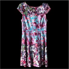 ADRIANNA PAPELL Multi Aqua Floral Scuba Womens Fit & Flare Cocktail Dress Sz 12