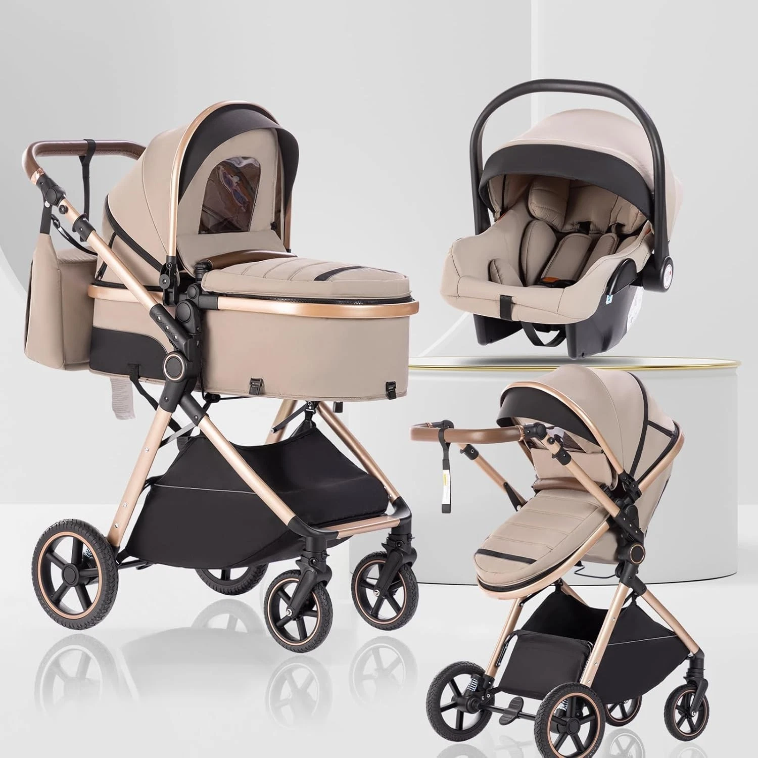 Baby Stroller 3 in 1,Travel Pushchair'S Lie-Flat Pram Is Foldable, Stroller Syst