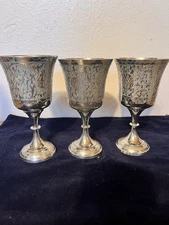 Set of 3 Z Y World Gift India Silver Plated Brass Etched Goblets 6” Sacred