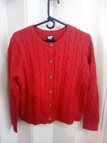 Lands End Drifter Damen L Petite Cardigan mit Zopfmuster 100% Baumwolle Weihnachten rot