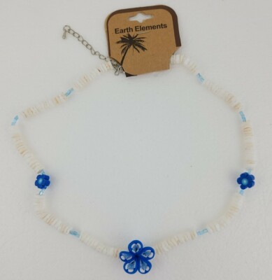 NWT Earth Elements Islander Necklace Puka Shell Rings Blue Beads Plumeria Flower