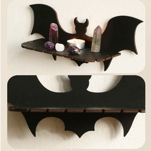 Wooden Bat Floating Wall Shelves Jewelry Display Rack Gothic Halloween Shelf - Picture 3 of 10