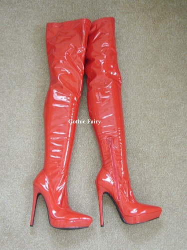 NEW red glossy skinny soft patent PU over knee thigh boots - size UK 5 / EU 38 - Picture 5 of 11