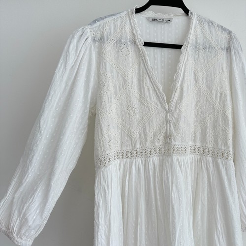 Zara Mini Dress Medium White Cotton Embroidery Cottage Peasant Tunic Prairie - Bild 6 von 13