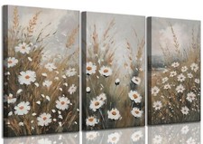 3 Pcs Vintage Wildflowers Field Canvas Wall art Farmhouse Rustic Wildflower N...