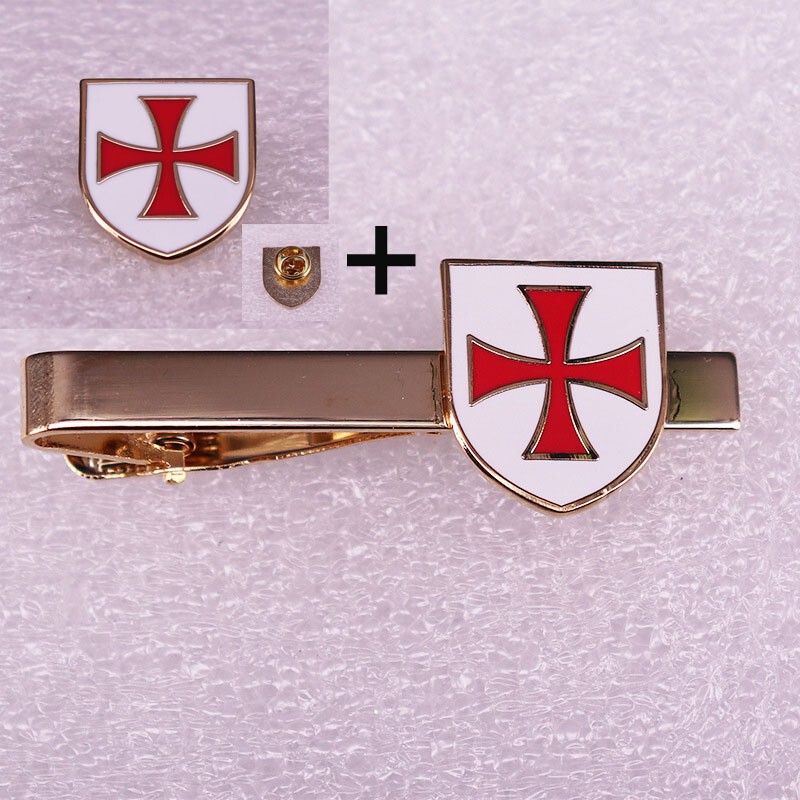 Knights Templar Crusader Cross Shield Lapel Pin Brooch+Tie clip Collectible Gift-image