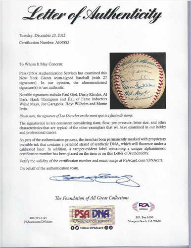 1954 New York Giants Baseball Autographed Team Ball PSA Letter (27) WillieMays - Picture 2 of 14