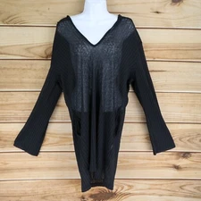 Wave Zone Long Sheer Swimsuit Cover Up Womens Sz L Black Hooded Pockets Stretch