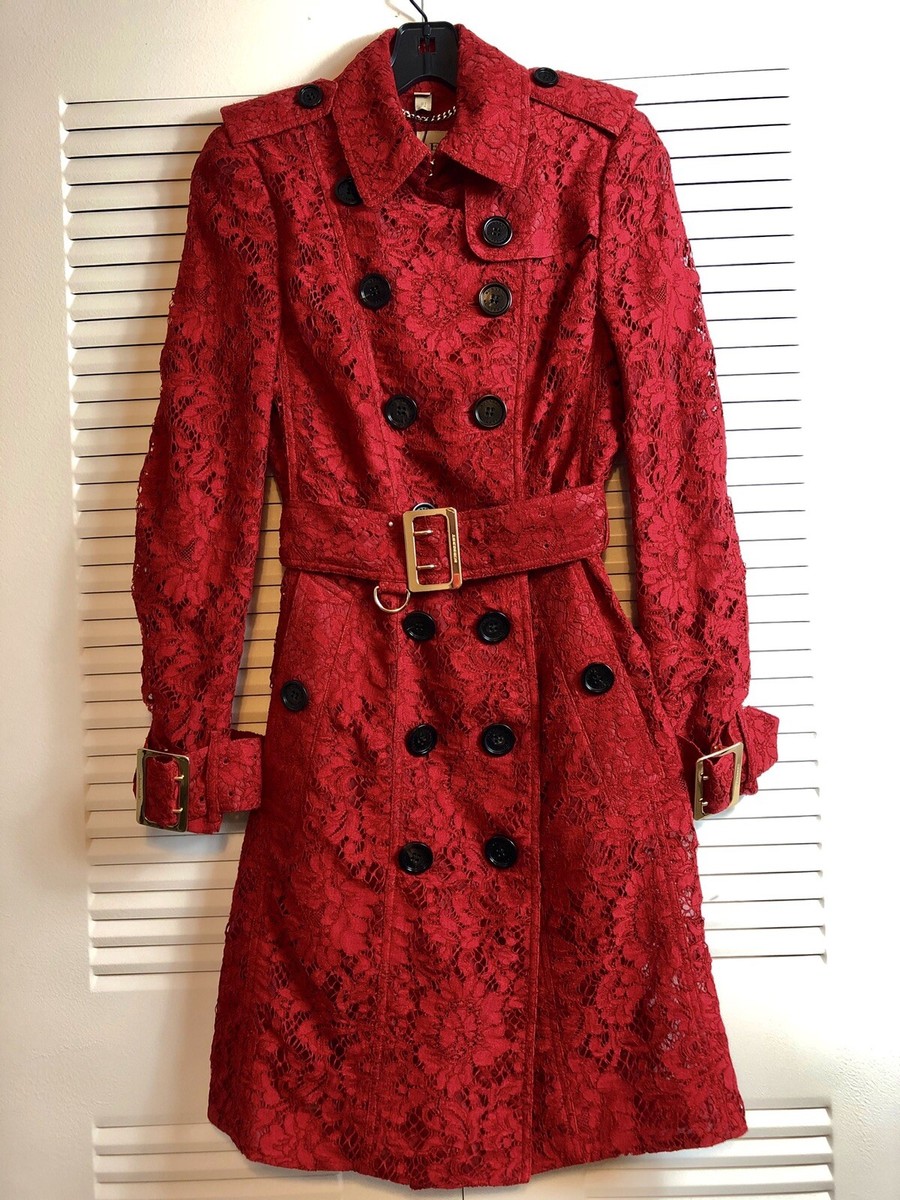 BURBERRY Lace Trench Coat In Parade Red Size US4 UK 6 IT 38 BURBERRY Lace Trench Coat In Parade Red Size US4 UK 6 IT 38