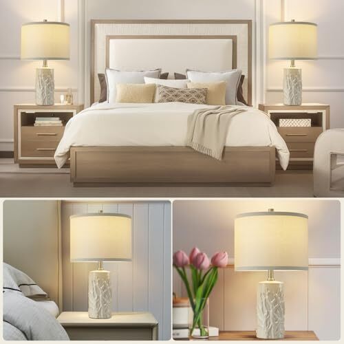 Farmhouse Ceramic Bedside Lamp Set of 2, Tree Trunk Grain White+Tree Trunk,21.4 - Picture 4 of 7