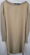 Lauren Ralph Lauren Tan Shift Dress Polyester Front Cotton/Modal Knit Back Sz M
