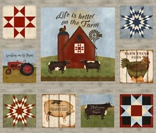 On The Farm Barn Cow Pig Rooster Tractor Cotton Fabric 3 Wishes 36"X44" Panel