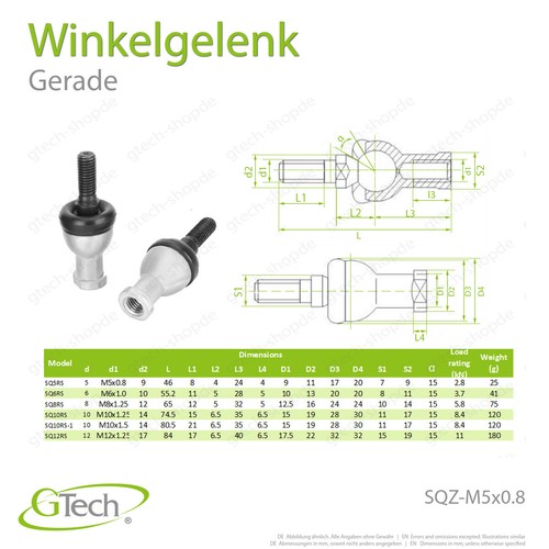 Winkelgelenk Gelenkkopf Kugelgelenk SQ SQZ M5 - M16 Winkel Kugel Gelenk köpfe - Bild 13 von 21