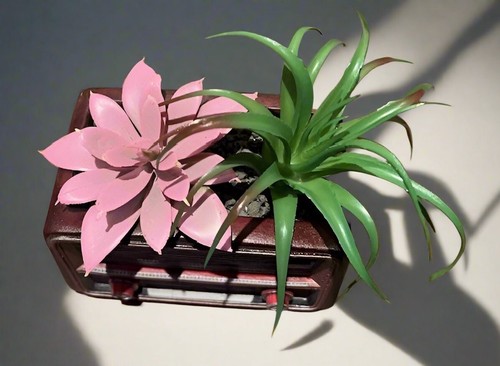 Vintage Radio Planter with Realistic Artificial Succulents - Picture 5 of 7