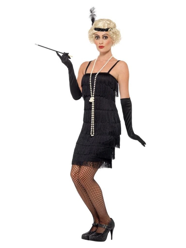 FLAPPER FEMME, SUPER COSTUME GATSBY, ROBE COURTE NOIRE, BANDEAU ET GANTS.