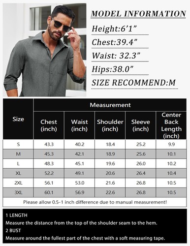 Men's Linen Long Sleeve Shirt Casual Button-Down Chambray Untucked Pocket - Picture 6 of 6