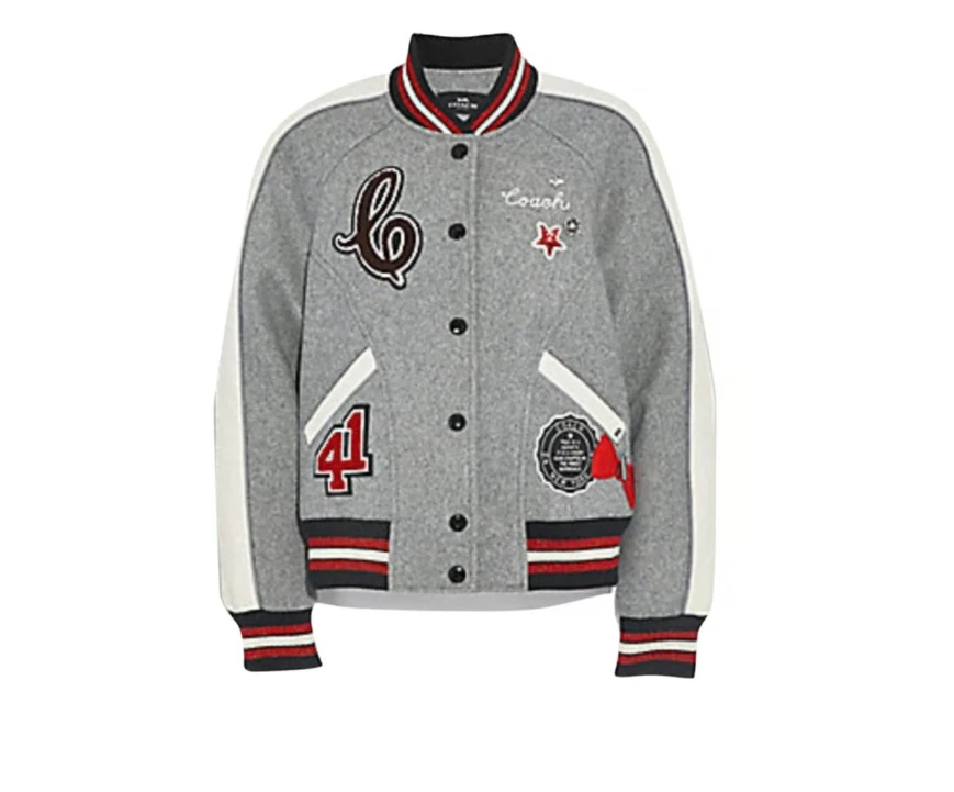 Coach F38591 Giacca Varsity Grigia Lana Abbellita Taglia S (Vedi Misure)