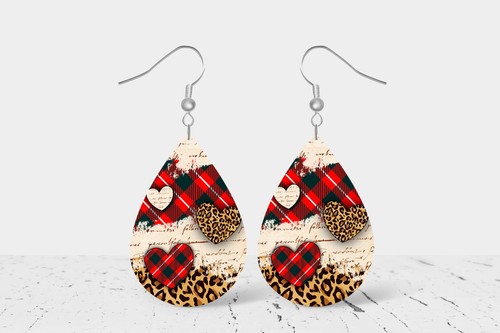 Red Plaid and Leopard Print Hearts Wood Dangle Teardrop Print Earrings Jewelry - Picture 3 of 8