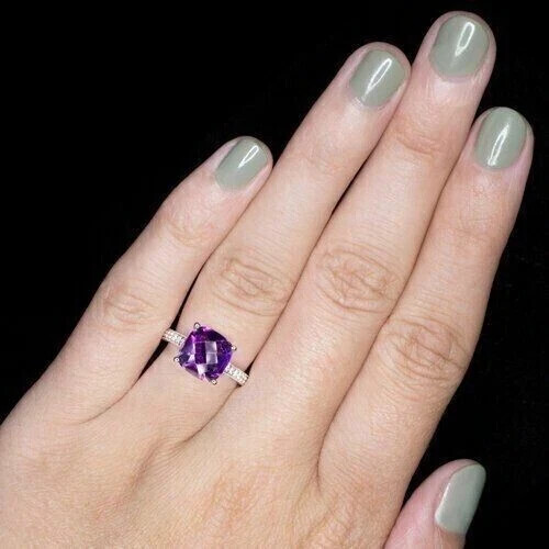 3Ct Cushion Cut Lab Created Amethyst Women's Wedding Ring 14K White Gold Plated - Picture 5 of 5