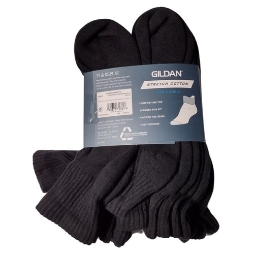 Gildan Men's Stretch Cotton Ankle BLACK Socks Shoe Size 6-12 12 pairs - 第 2/5 張圖片