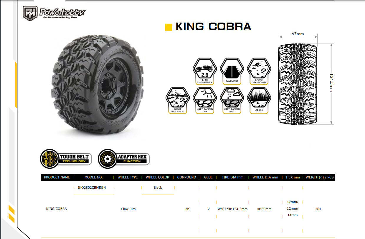 Powerhobby 1/10 2.8 MT King Cobra Belted Tires (4) Traxxas Rustler 2wd