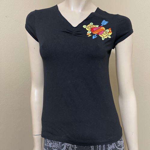 Women’s Black Cotton Casual Summer Embroidered V-neck Slim Size M/L Blouse Top