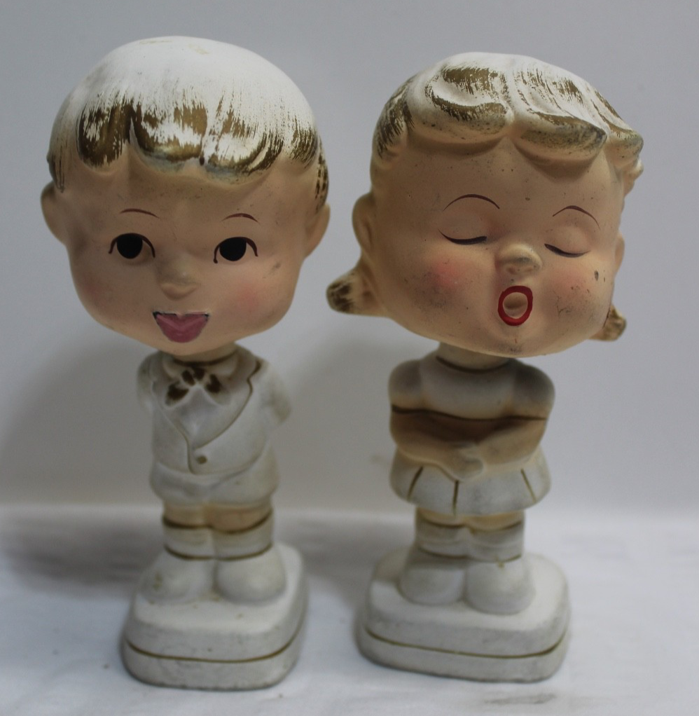 Vintage Enesco Bisque Nodders/ Bobble Heads Kiss Me Boy And Girl