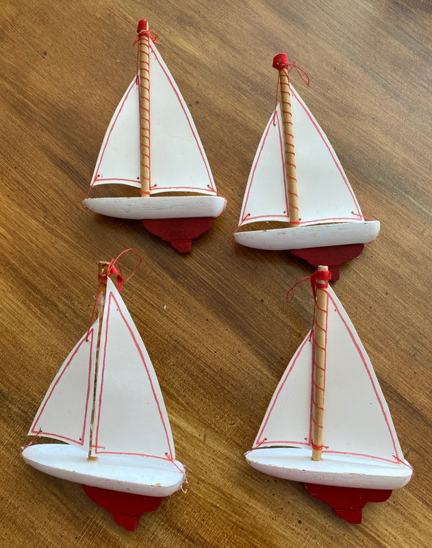 4 VTG Sailboats Wooden White Hull Hand Made and Painted Toy-Ornament Very Cute