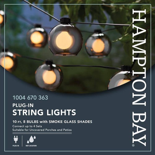 Hampton Bay 8-Light 10ft Black Indoor/Outdoor PlugIn String Light w/Smoky Glass - Picture 6 of 7