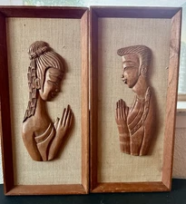 Mid Century Thai Teak Praying Figures Wall Art Pair on Linen Panels 17”