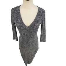 bebe Bodycon Dress Women S Gray Marled Ribbed Knit Zipper Detail V-Neck Zipper