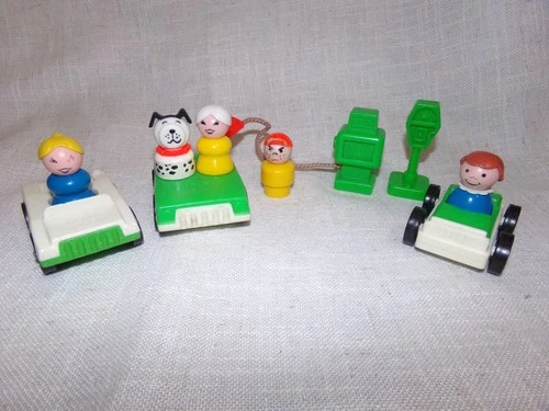 Vintage Lot of 10 Fisher Price Little People Cars, Parking Meter, Gas Pump...