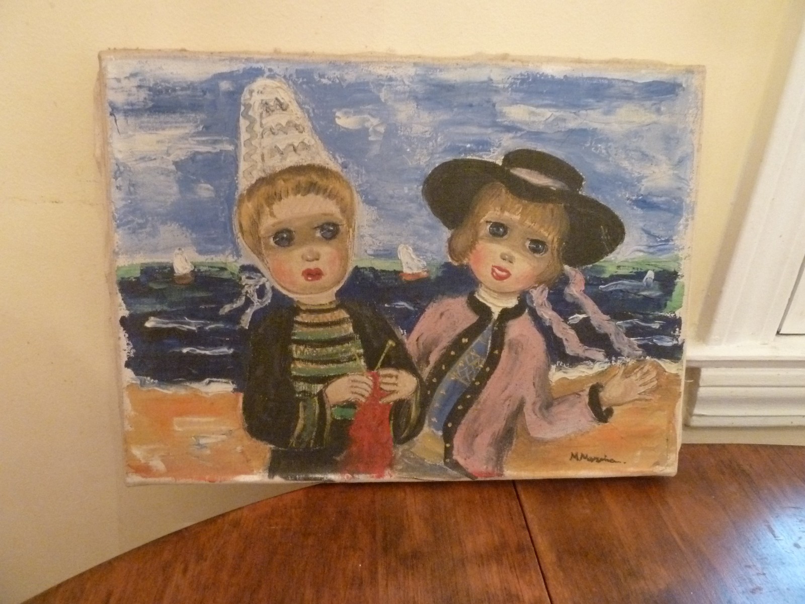 Vintage Signed Oil Painting Two Children Sea Girl Knitting Boy Waving Big Eyes