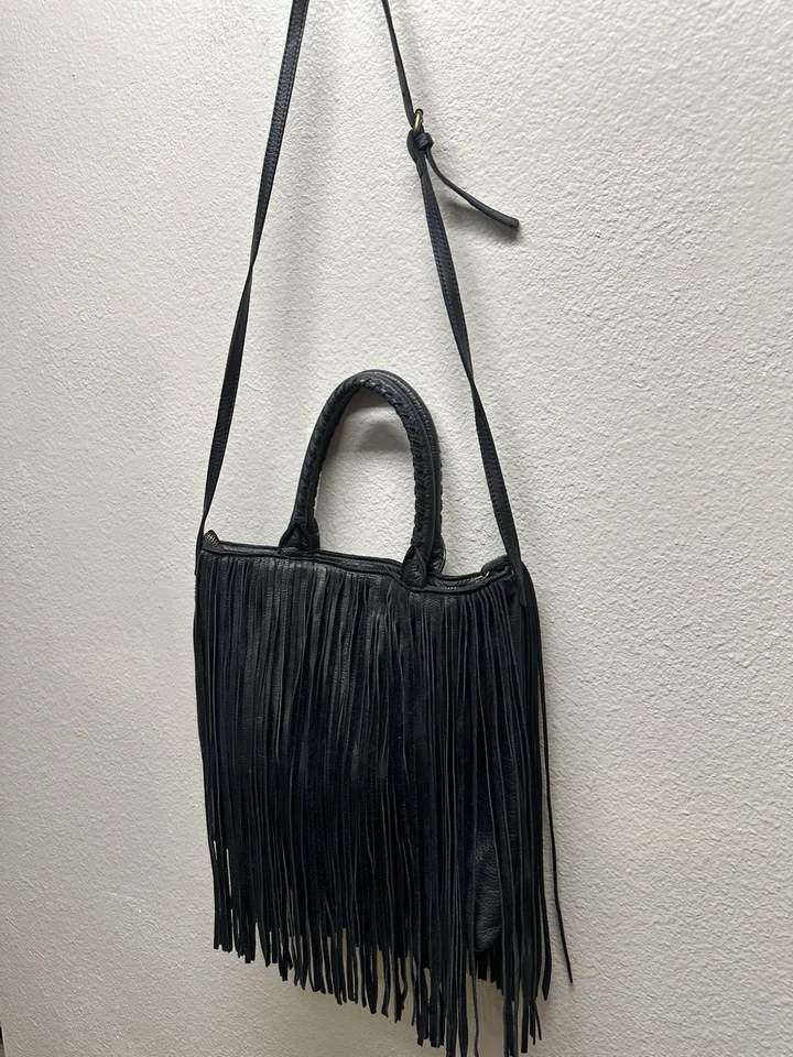 Lucky Brand Cowhide Leather Black Fringe Purse Shoulder Bag Boho Western - Image 2 of 4