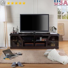 Contemporary TV Stand W/ Dual Glass Cabinets Cable Management 78 Inch TVs New