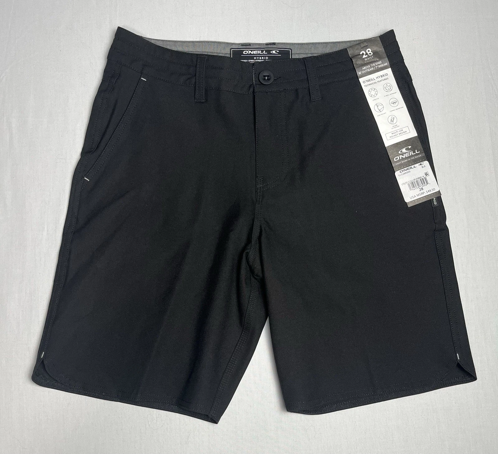 O'Neill Hybrid Stretch Shorts Black Polyester Blend Secure Zip Pocket 7" Inseam
