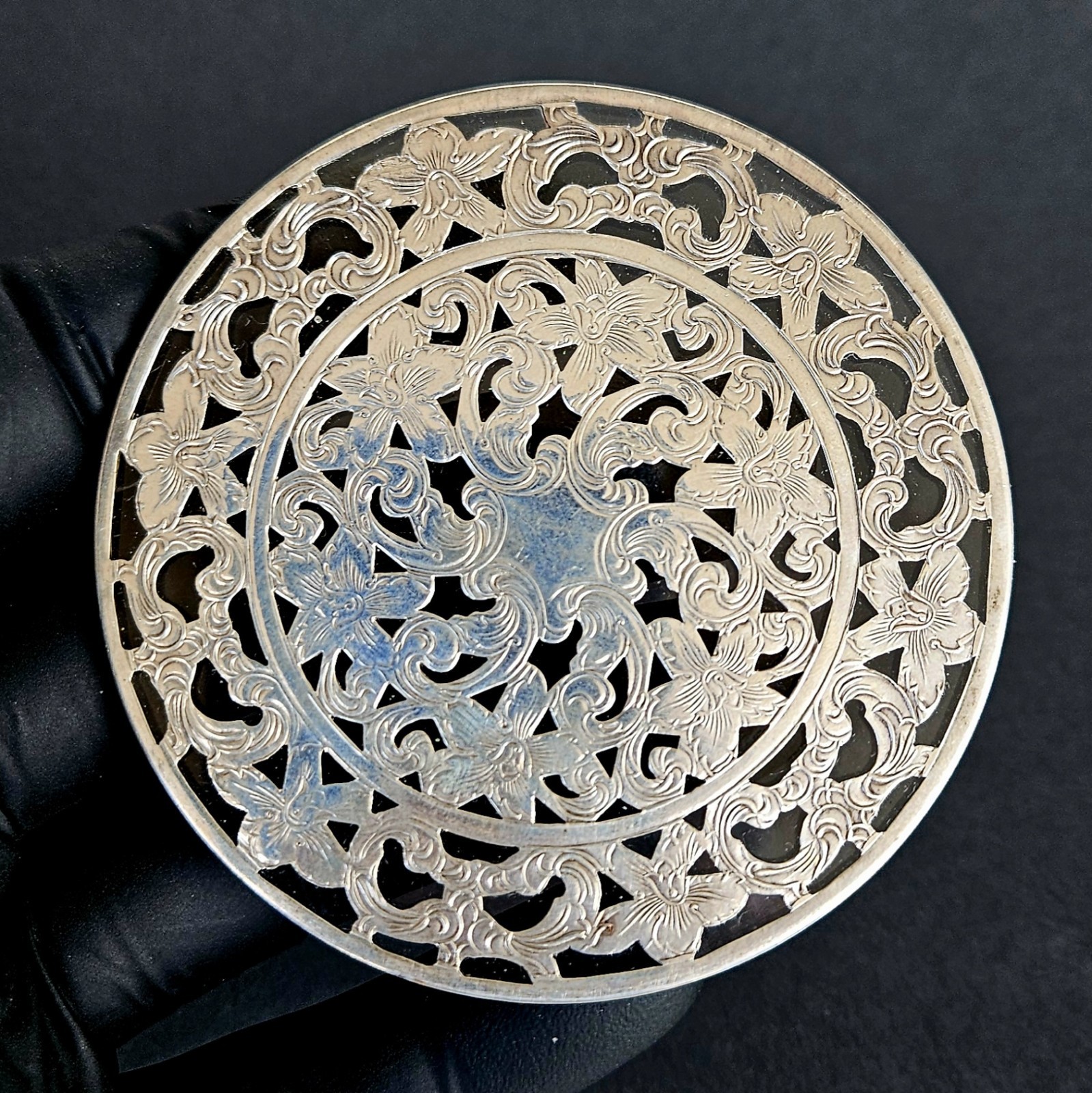 Vintage Webster Sterling Silver & Glass Floral Coaster 3