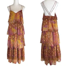 ZARA Paisley Print Tiered Maxi Slip Dress Size S Ruffle Boho Peasant Pink Yellow