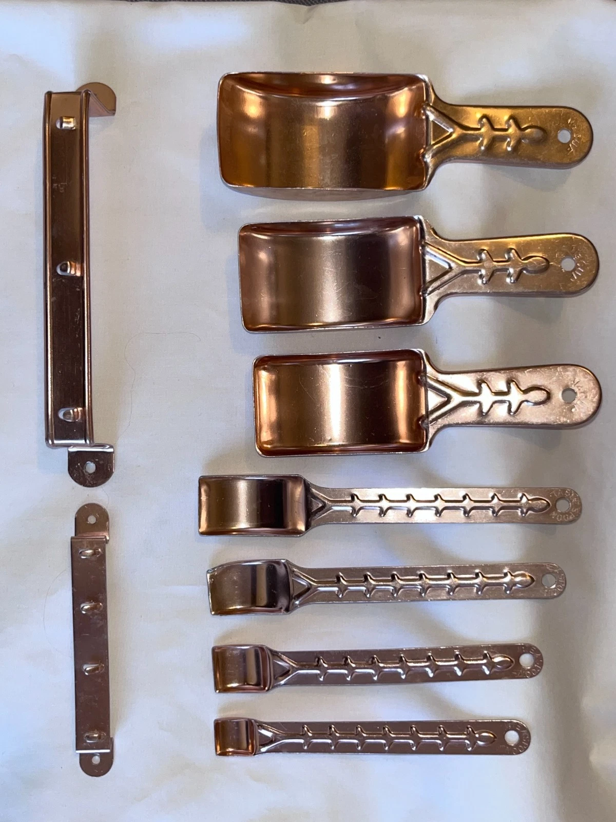 Vintage Copper Tone Aluminum Measuring Cup and Spoon Set of 8 and Hanging Bars